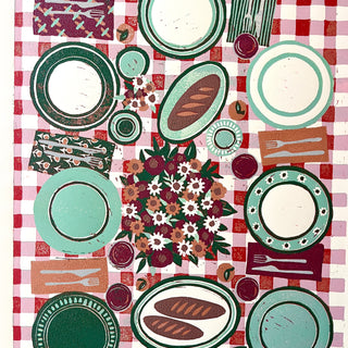 Hand Block Printed "Picnic Table" Reduction Print - Vertical - No. 10
