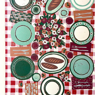 Hand Block Printed "Picnic Table" Reduction Print - Vertical - No. 10