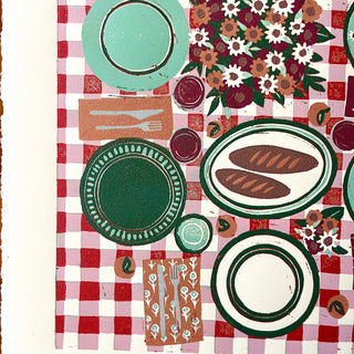 Hand Block Printed "Picnic Table" Reduction Print - Vertical - No. 10