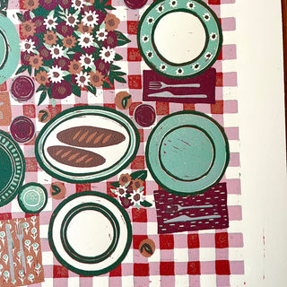 Hand Block Printed "Picnic Table" Reduction Print - Vertical - No. 10