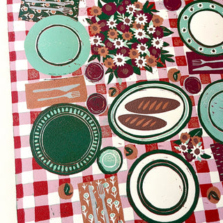 Hand Block Printed "Picnic Table" Reduction Print - Vertical - No. 10