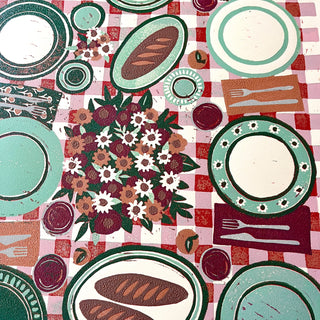 Hand Block Printed "Picnic Table" Reduction Print - Vertical - No. 10