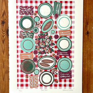 Hand Block Printed "Picnic Table" Reduction Print - Vertical - No. 12