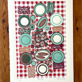 Hand Block Printed "Picnic Table" Reduction Print - Vertical - No. 12