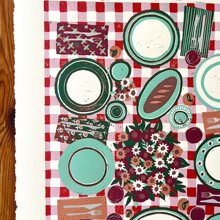 Hand Block Printed "Picnic Table" Reduction Print - Vertical - No. 12