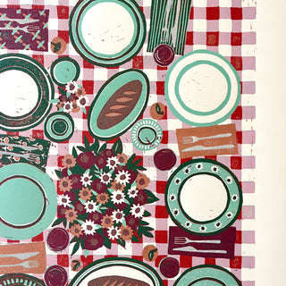 Hand Block Printed "Picnic Table" Reduction Print - Vertical - No. 12