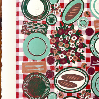 Hand Block Printed "Picnic Table" Reduction Print - Vertical - No. 12