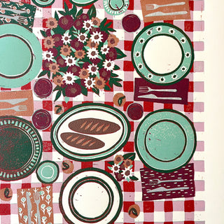 Hand Block Printed "Picnic Table" Reduction Print - Vertical - No. 12