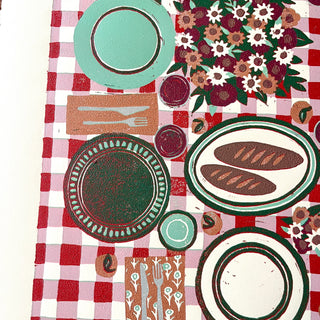 Hand Block Printed "Picnic Table" Reduction Print - Vertical - No. 12