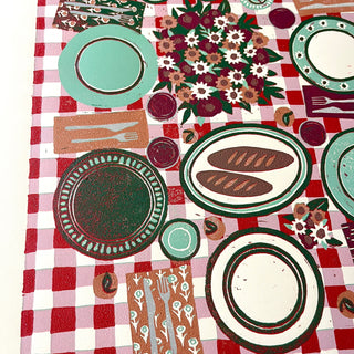 Hand Block Printed "Picnic Table" Reduction Print - Vertical - No. 12