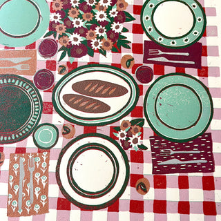 Hand Block Printed "Picnic Table" Reduction Print - Vertical - No. 12