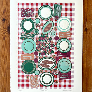Hand Block Printed "Picnic Table" Reduction Print - Vertical - No. 13