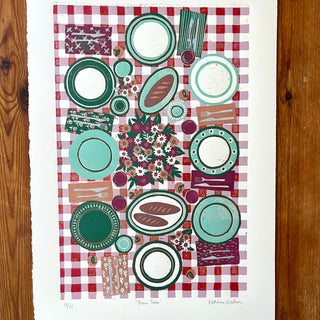 Hand Block Printed "Picnic Table" Reduction Print - Vertical - No. 13