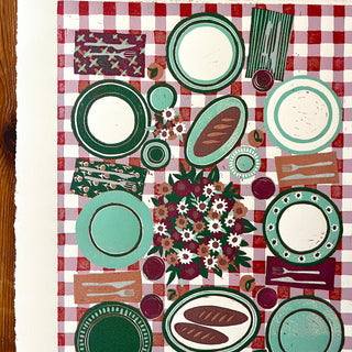 Hand Block Printed "Picnic Table" Reduction Print - Vertical - No. 13