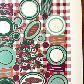 Hand Block Printed "Picnic Table" Reduction Print - Vertical - No. 13