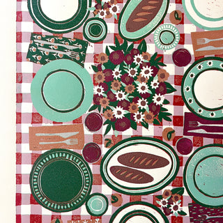 Hand Block Printed "Picnic Table" Reduction Print - Vertical - No. 13