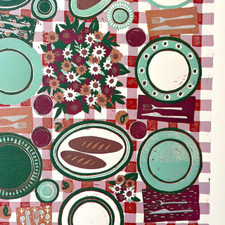 Hand Block Printed "Picnic Table" Reduction Print - Vertical - No. 13