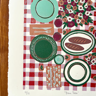 Hand Block Printed "Picnic Table" Reduction Print - Vertical - No. 13
