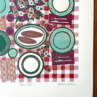 Hand Block Printed "Picnic Table" Reduction Print - Vertical - No. 13
