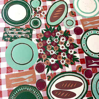 Hand Block Printed "Picnic Table" Reduction Print - Vertical - No. 13