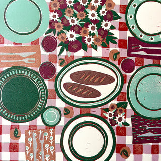 Hand Block Printed "Picnic Table" Reduction Print - Vertical - No. 13