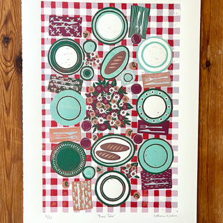 Hand Block Printed "Picnic Table" Reduction Print - Vertical - No. 14