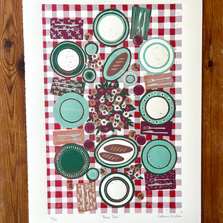 Hand Block Printed "Picnic Table" Reduction Print - Vertical - No. 14