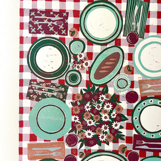 Hand Block Printed "Picnic Table" Reduction Print - Vertical - No. 14