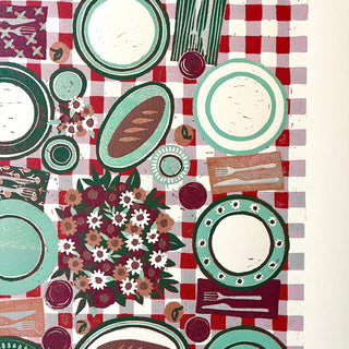 Hand Block Printed "Picnic Table" Reduction Print - Vertical - No. 14