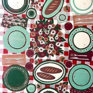 Hand Block Printed "Picnic Table" Reduction Print - Vertical - No. 14
