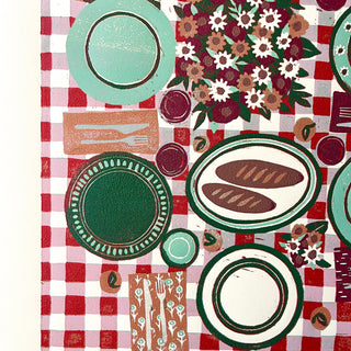 Hand Block Printed "Picnic Table" Reduction Print - Vertical - No. 14