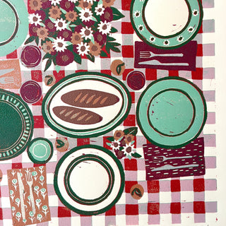 Hand Block Printed "Picnic Table" Reduction Print - Vertical - No. 14