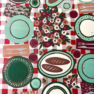 Hand Block Printed "Picnic Table" Reduction Print - Vertical - No. 14