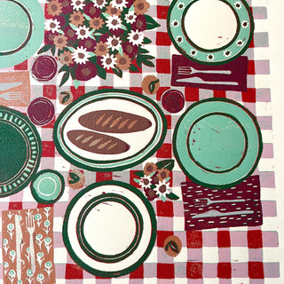 Hand Block Printed "Picnic Table" Reduction Print - Vertical - No. 14