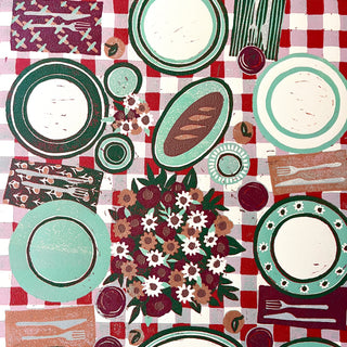 Hand Block Printed "Picnic Table" Reduction Print - Vertical - No. 14