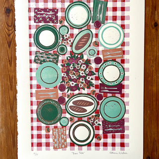 Hand Block Printed "Picnic Table" Reduction Print - Vertical - No. 15
