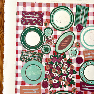Hand Block Printed "Picnic Table" Reduction Print - Vertical - No. 15