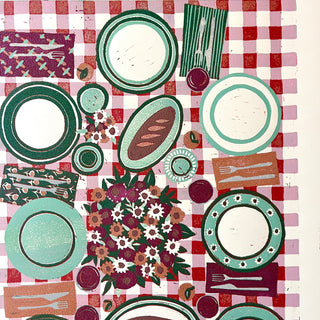 Hand Block Printed "Picnic Table" Reduction Print - Vertical - No. 15