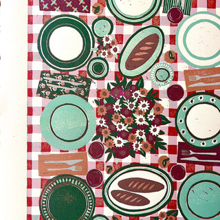 Hand Block Printed "Picnic Table" Reduction Print - Vertical - No. 15