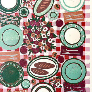 Hand Block Printed "Picnic Table" Reduction Print - Vertical - No. 15