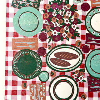 Hand Block Printed "Picnic Table" Reduction Print - Vertical - No. 15