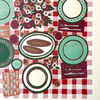 Hand Block Printed "Picnic Table" Reduction Print - Vertical - No. 15