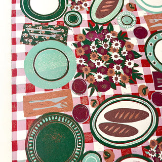 Hand Block Printed "Picnic Table" Reduction Print - Vertical - No. 15