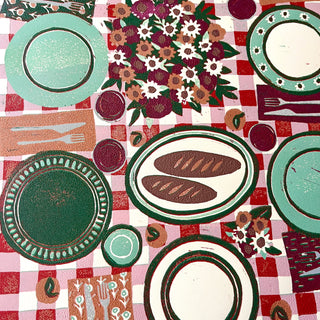 Hand Block Printed "Picnic Table" Reduction Print - Vertical - No. 15