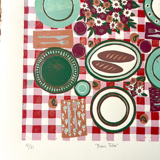Hand Block Printed "Picnic Table" Reduction Print - Vertical - No. 15