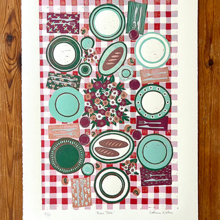 Hand Block Printed "Picnic Table" Reduction Print - Vertical - No. 16