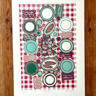 Hand Block Printed "Picnic Table" Reduction Print - Vertical - No. 16