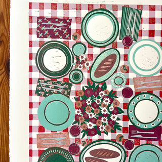 Hand Block Printed "Picnic Table" Reduction Print - Vertical - No. 16