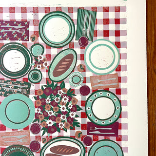 Hand Block Printed "Picnic Table" Reduction Print - Vertical - No. 16
