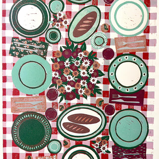 Hand Block Printed "Picnic Table" Reduction Print - Vertical - No. 16